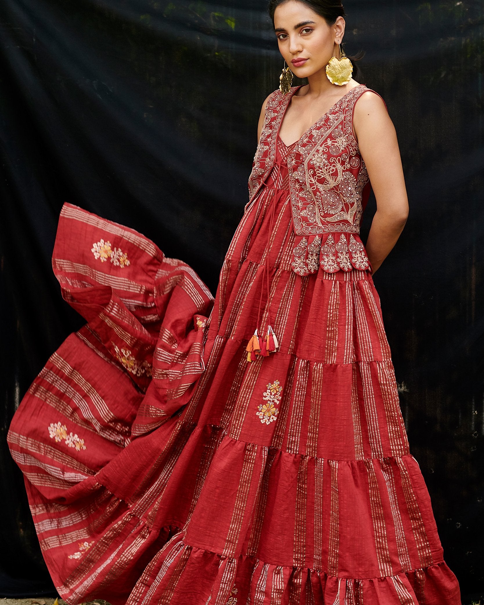 RED CHANDERI EMBROIDERED WAISTCOAT