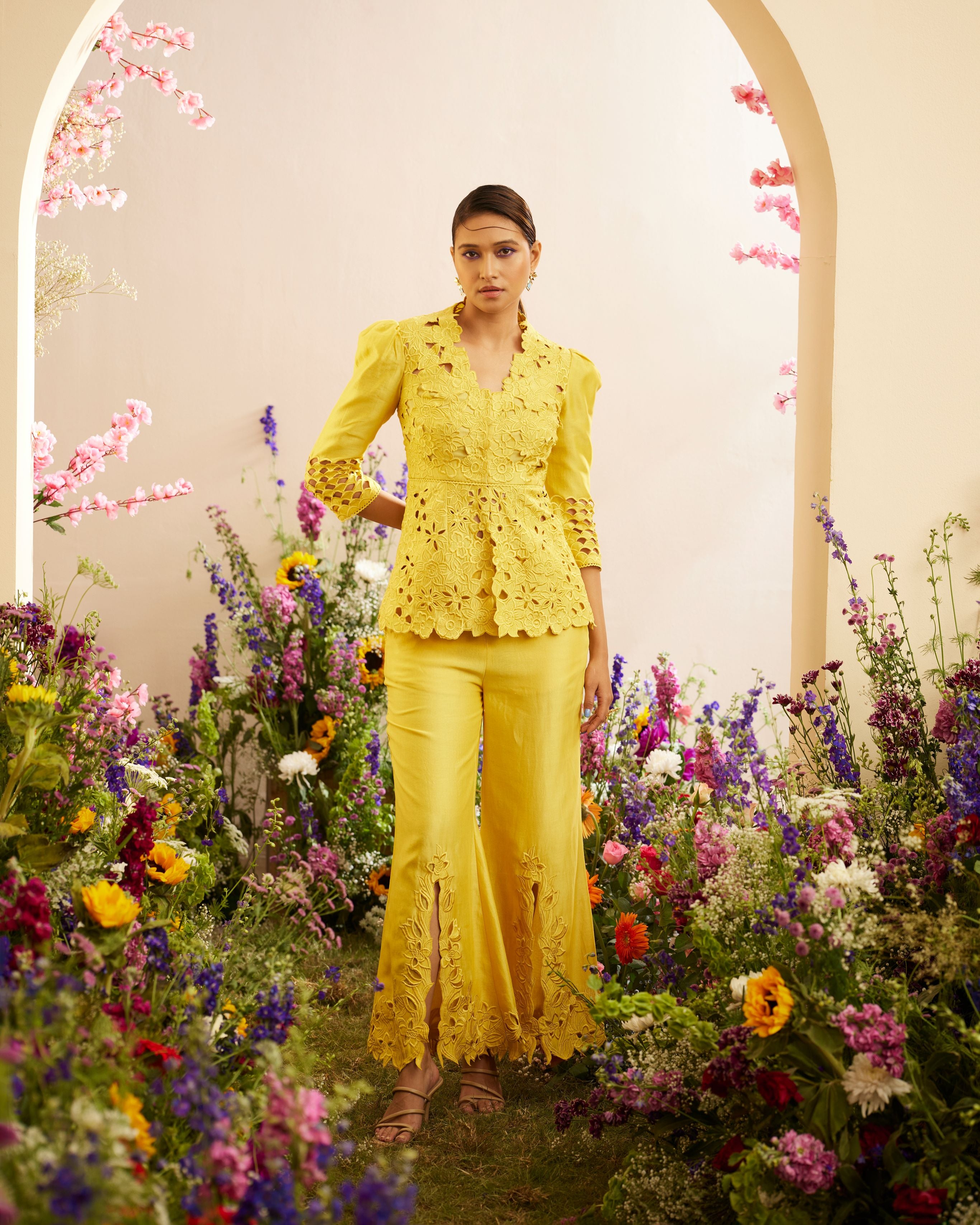 YELLOW CUTWORK PEPLUM JACKET