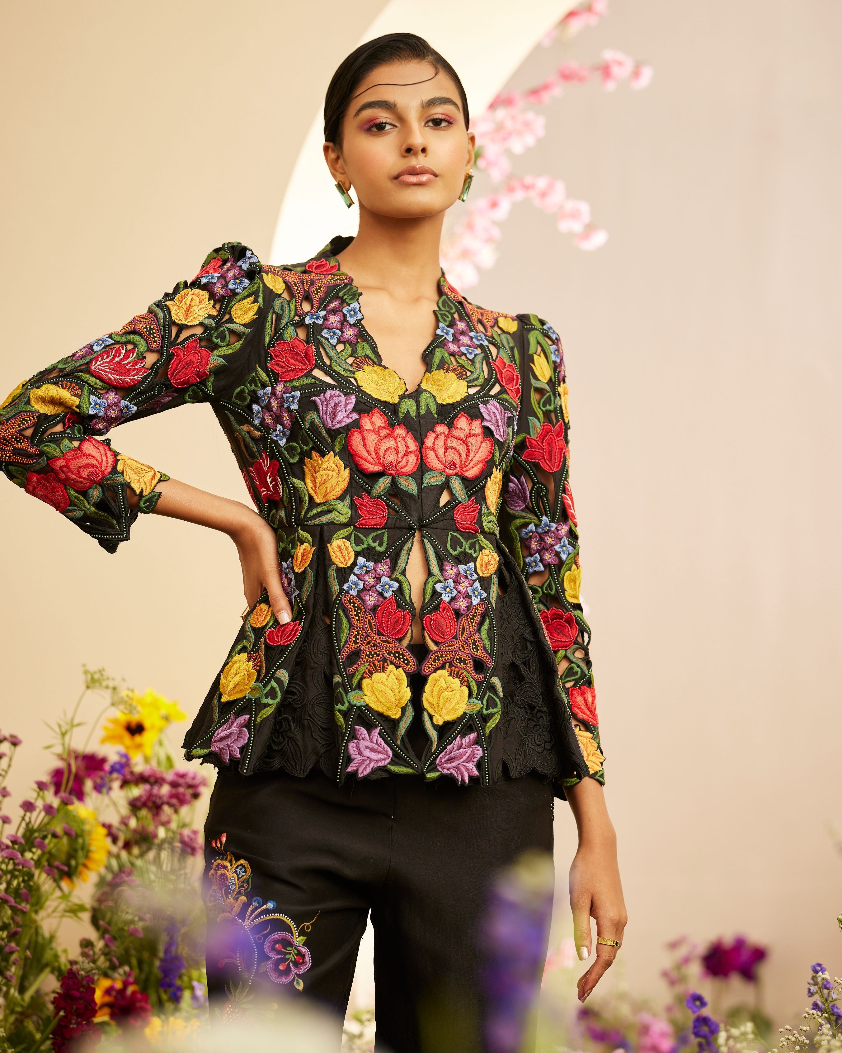 BLACK EMBROIDERED AND CUTWORK JACKET