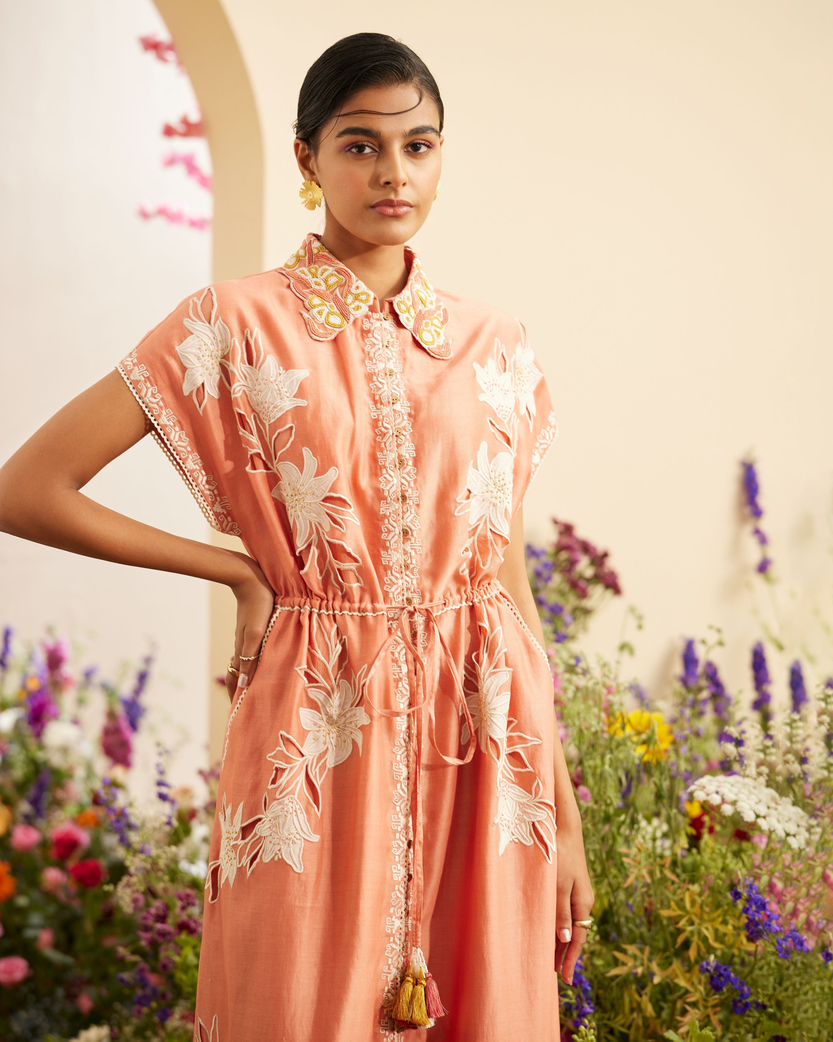APRICOT CONTRAST EMBROIDERED SHIRT DRESS