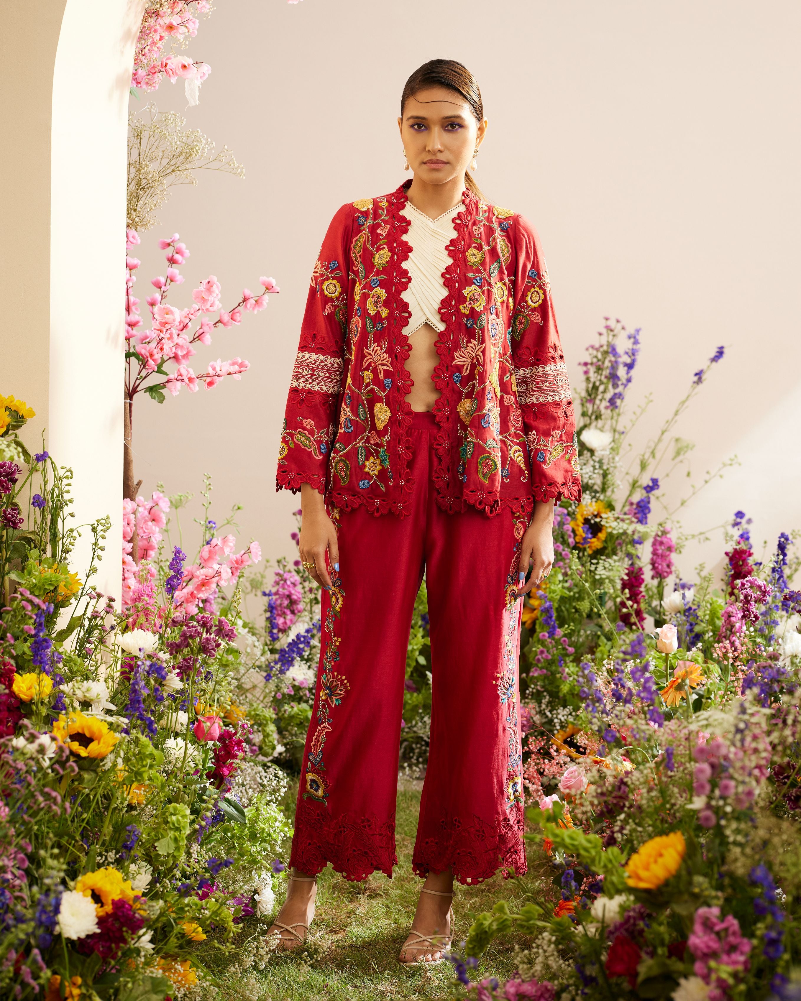 Red hand crushed silk pants with contrast silk and organza fabric cutw   Kora India