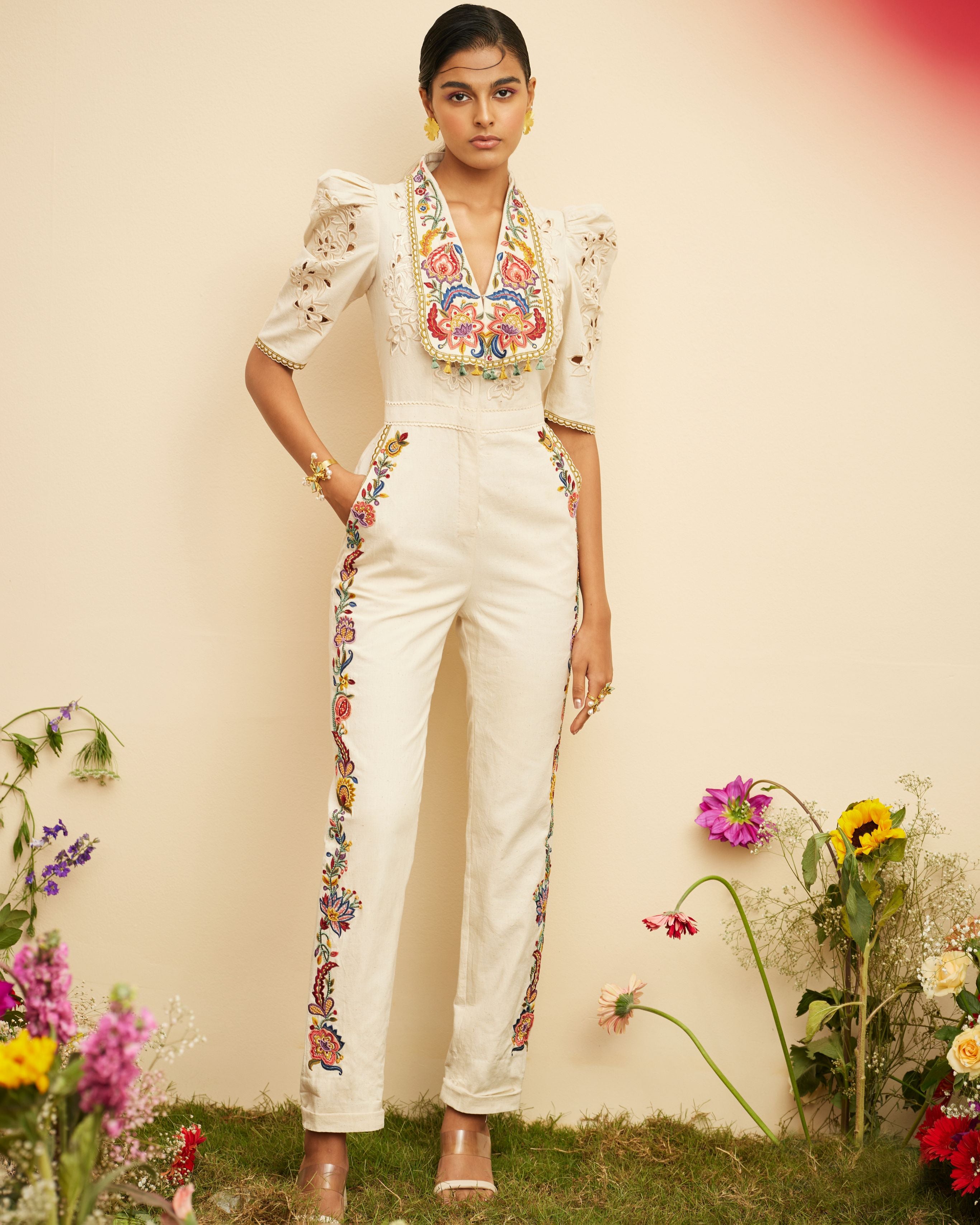 IVORY EMBROIDERED AND CUTWORK JUMPSUIT