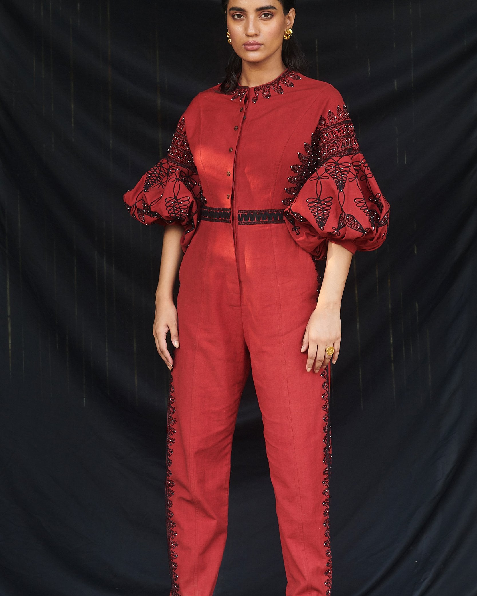 RED KALA COTTON CORD WORK JUMPSUIT