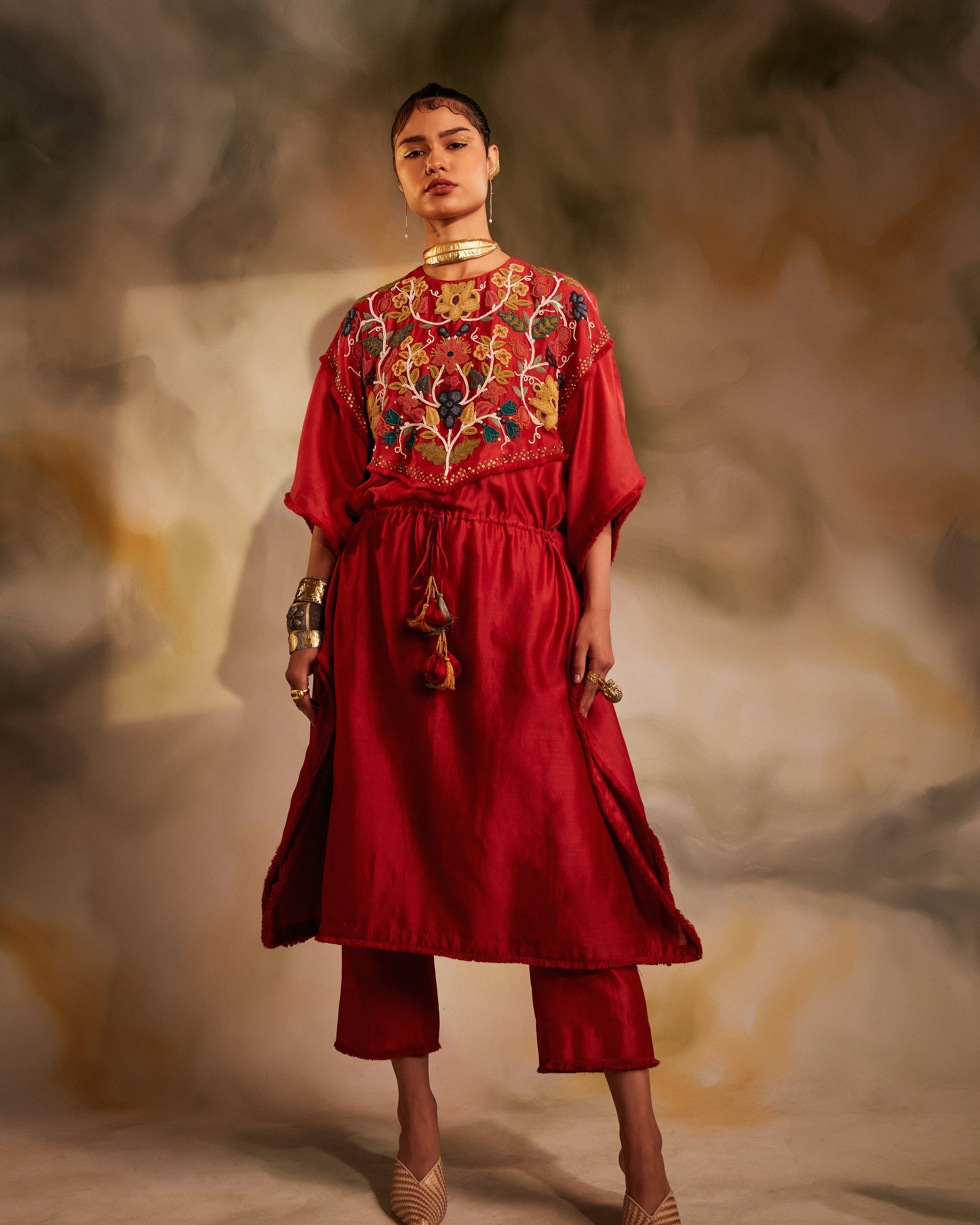 RED CHANDERI BEADED YOKE KAFTAN