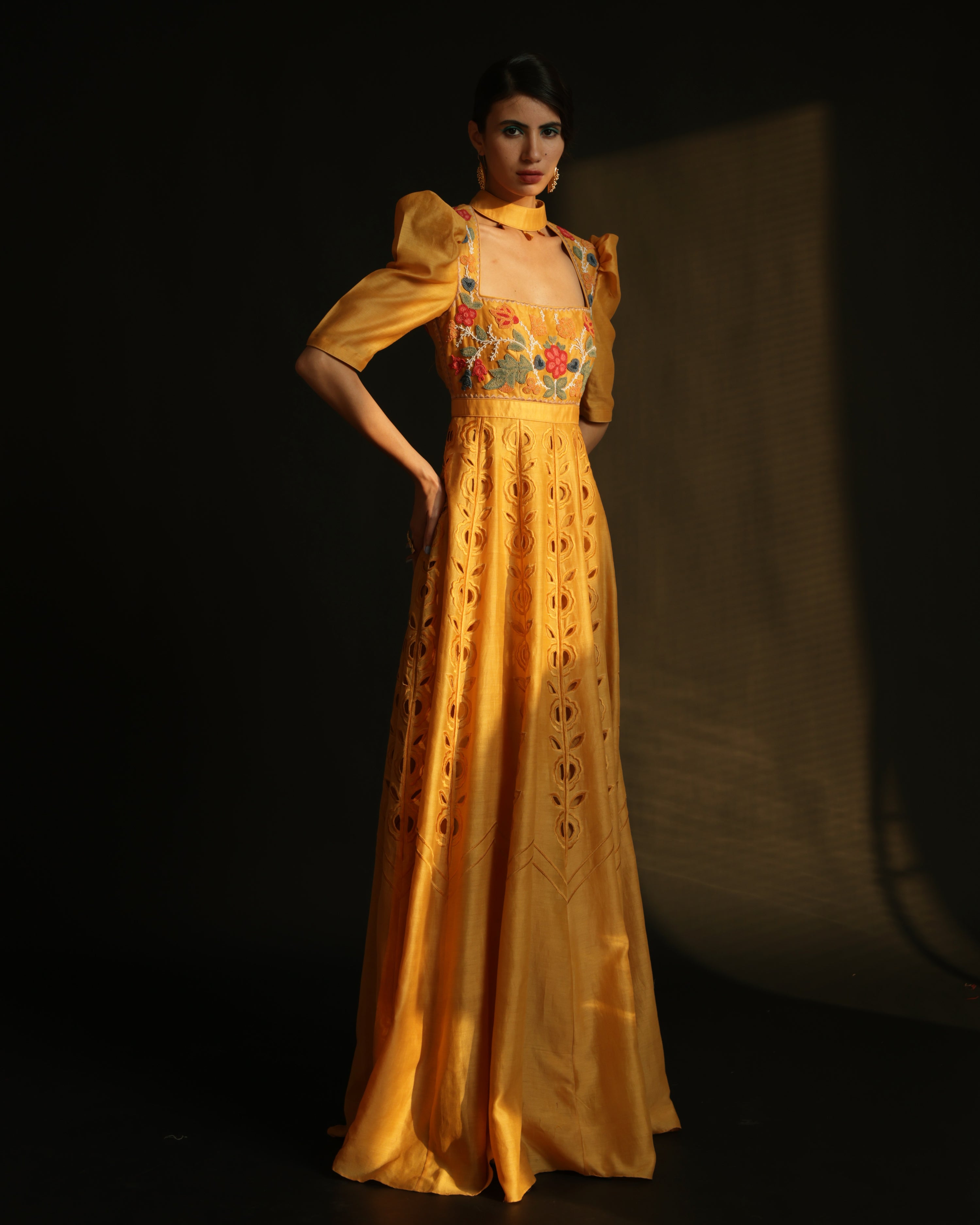 YELLOW CHANDERI EMBROIDERED MAXI DRESS