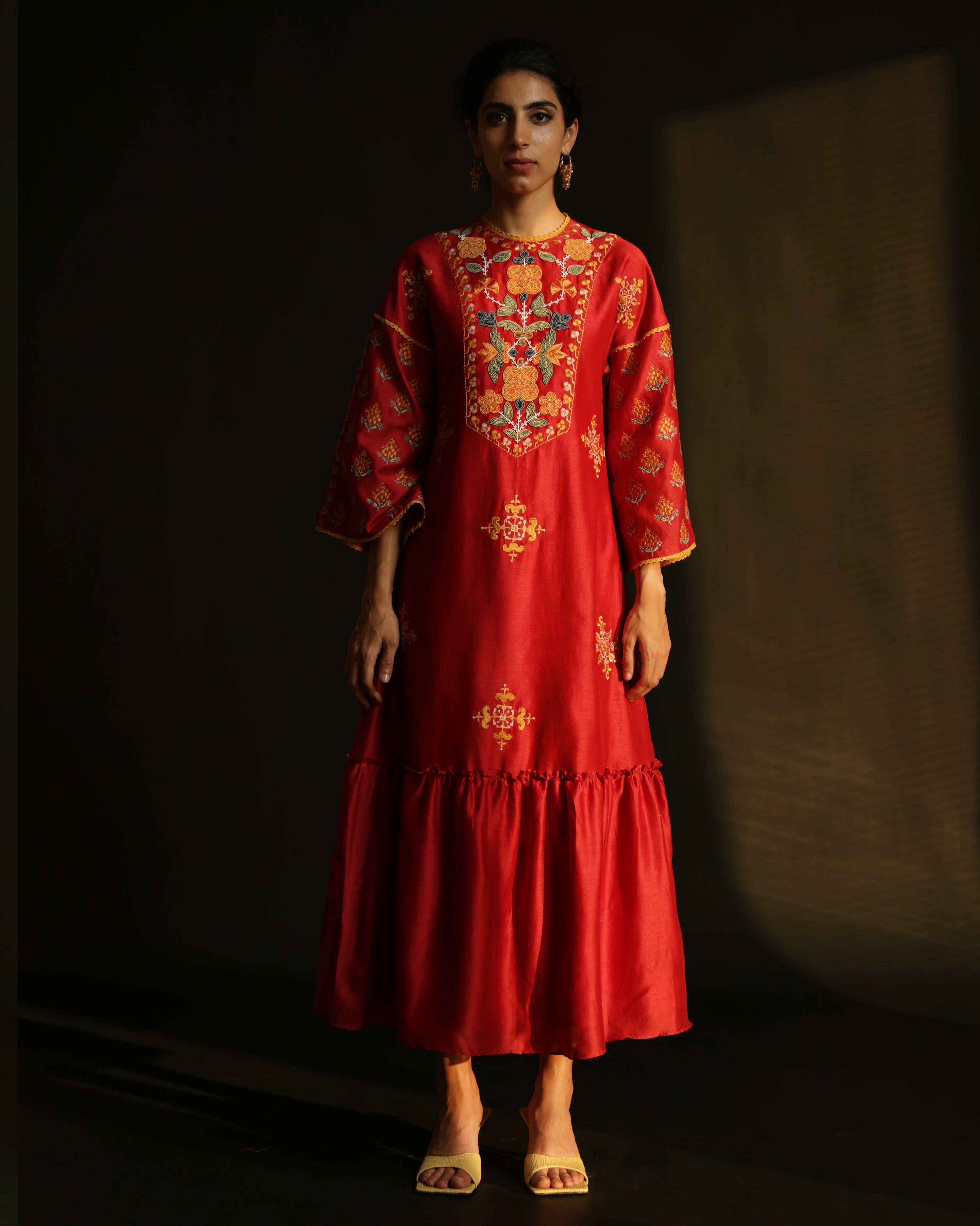 RED GATHERED CHANDERI DRESS WITH YOKE DETAIL