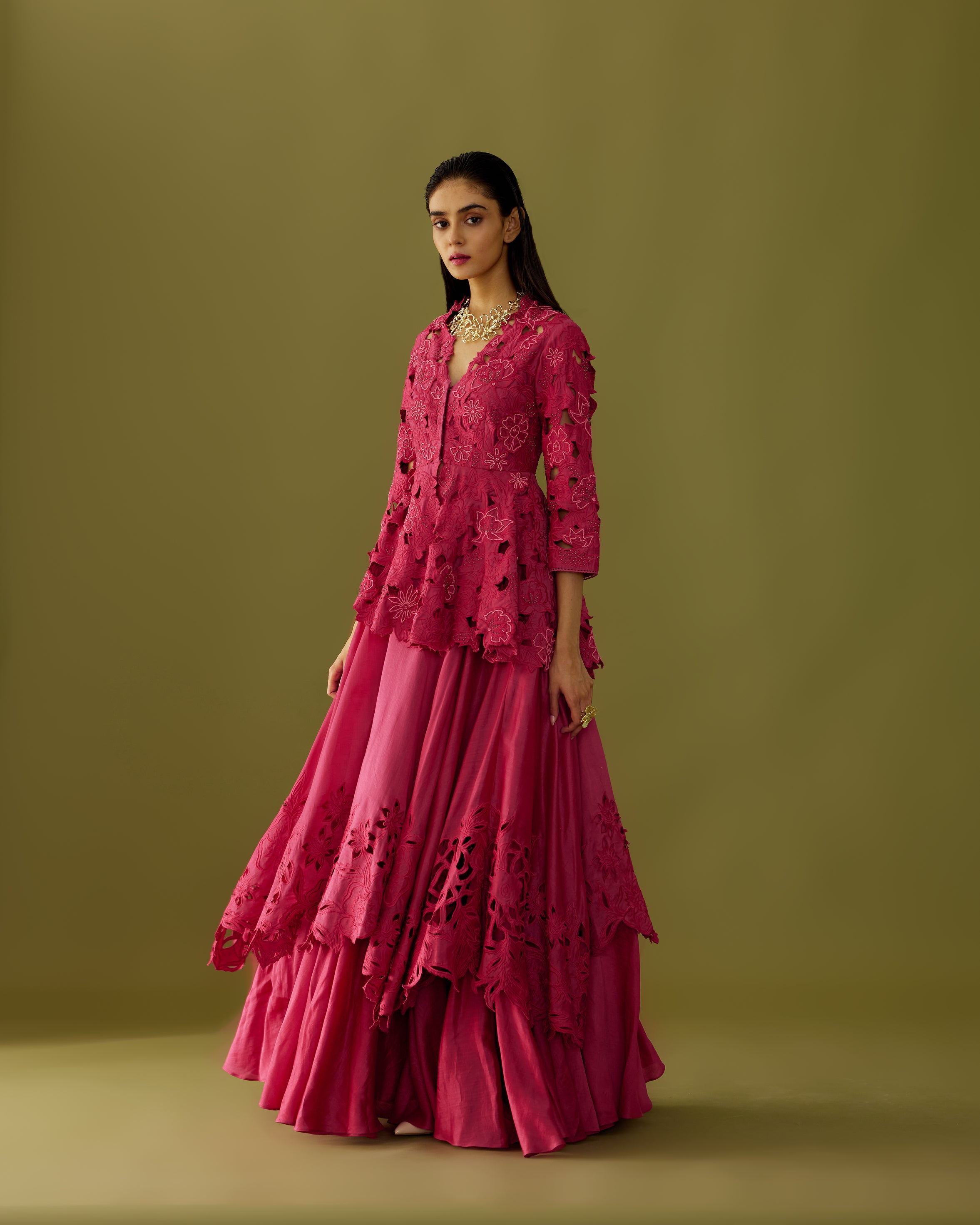 Buy Pink Chanderi Round Jacket Lehenga Set For Women by Sana Barreja Online  at Aza Fashions.