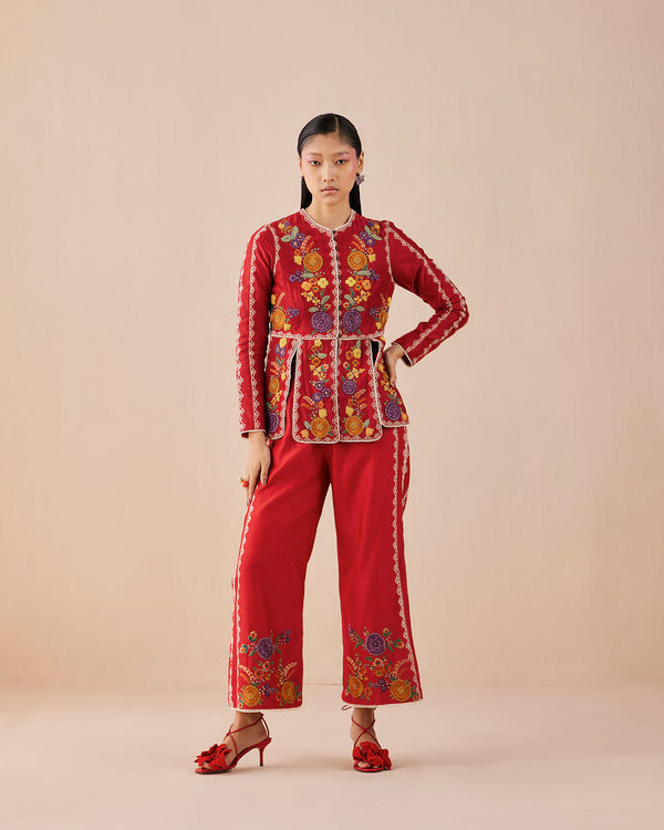 RED EMBROIDERED PANTS