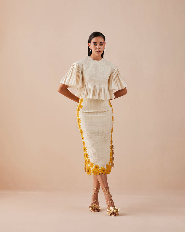 IVORY QUILTED SUNFLOWER MIDI SKIRT