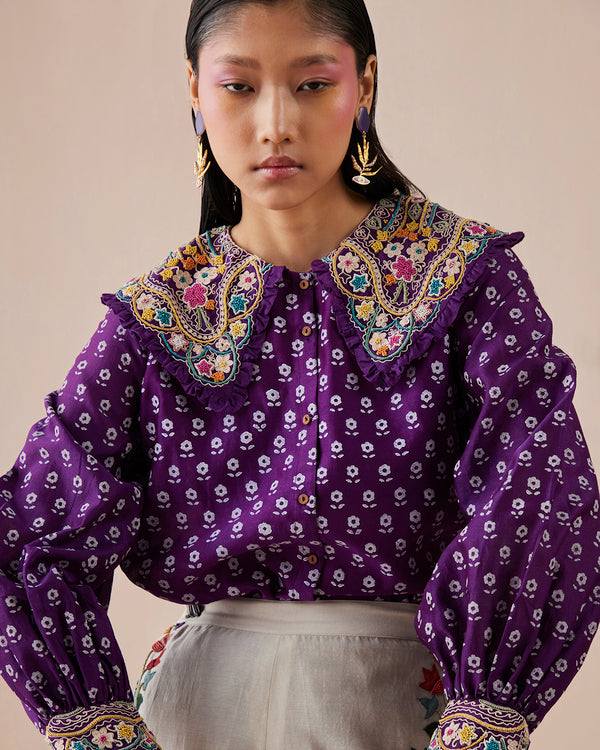 PURPLE PRINTED SHIRT WITH COLLAR DETAIL