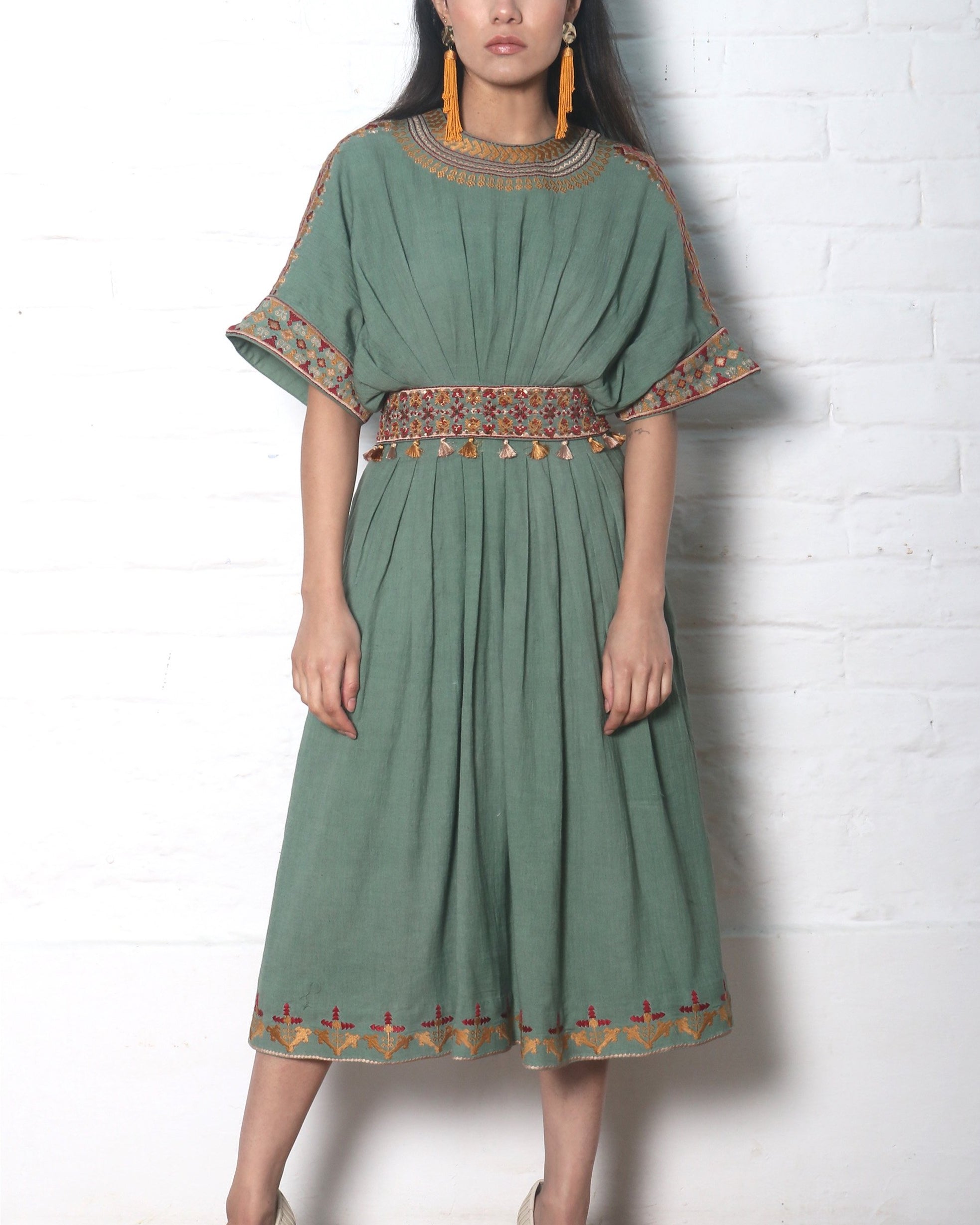 SAGE GREEN PLEATED DRESS & BELT