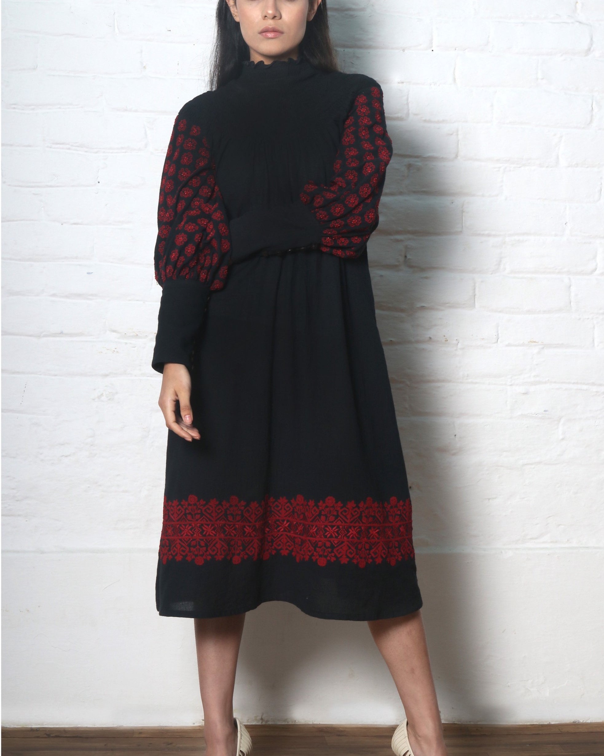 BLACK SMOCKED KALA COTTON DRESS KURTA