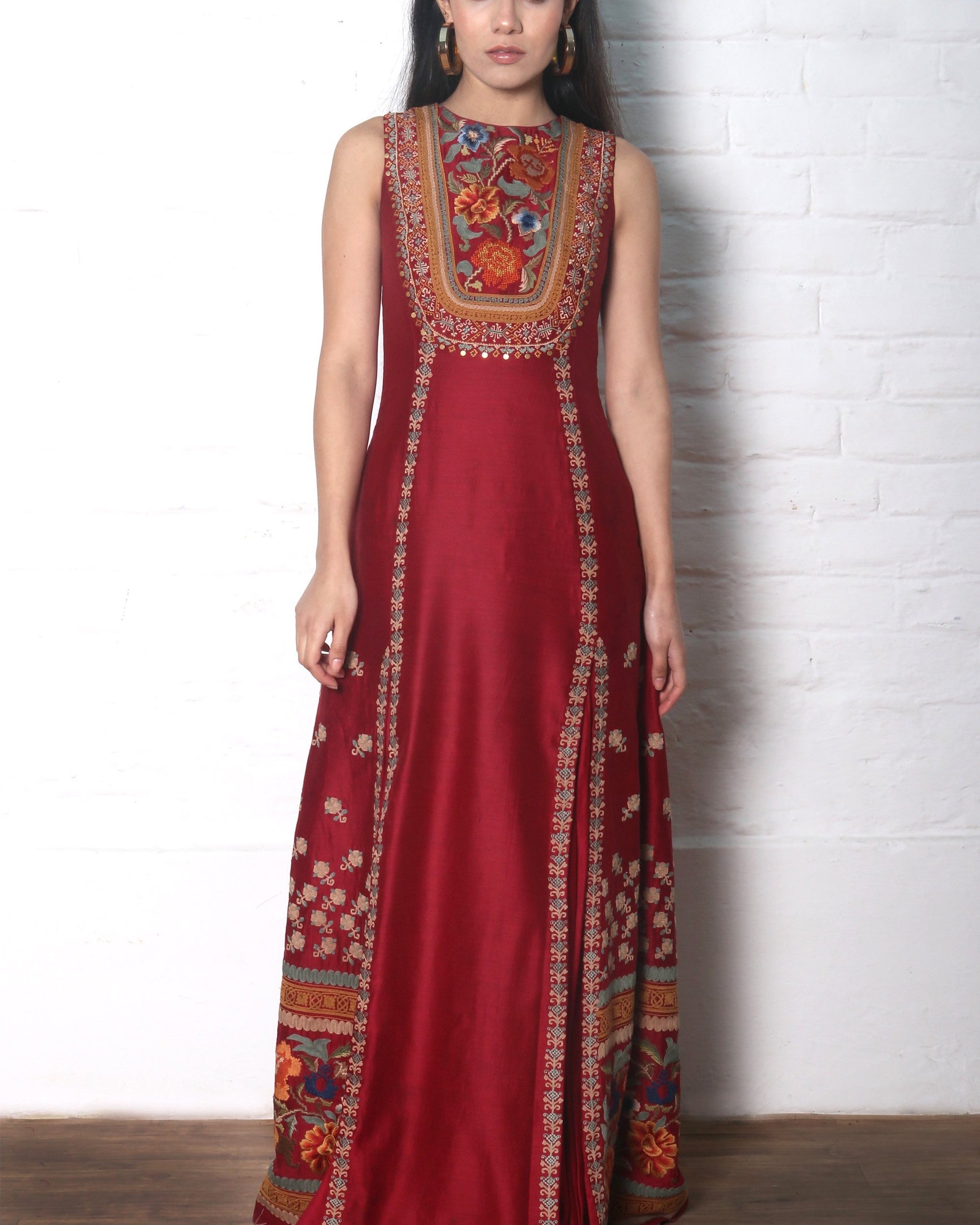 RED CHANDERI EMBROIDERED MAXI DRESS