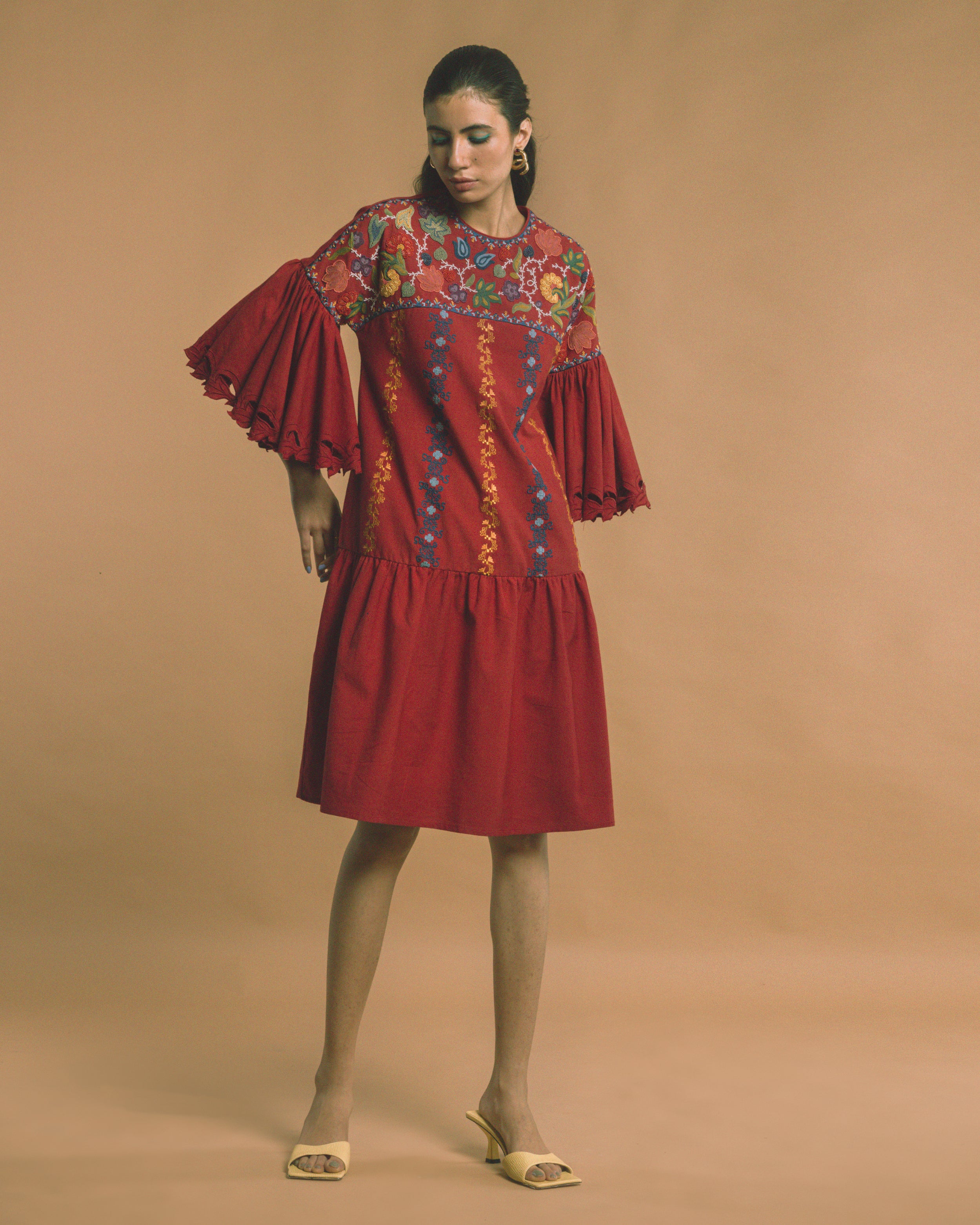 RED KALA COTTON EMBROIDERED DRESS