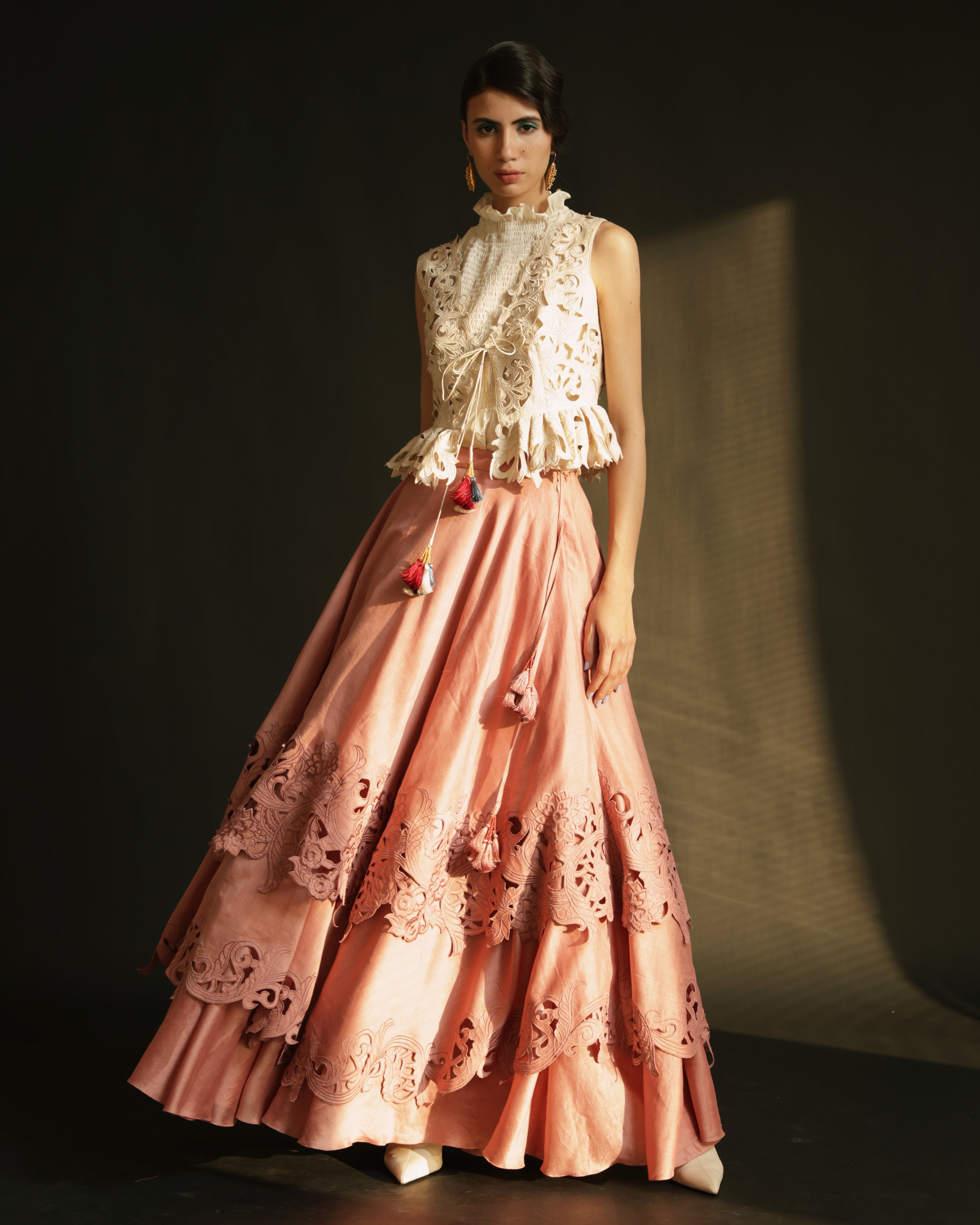 PINK CUTWORK LAYERED LEHENGA