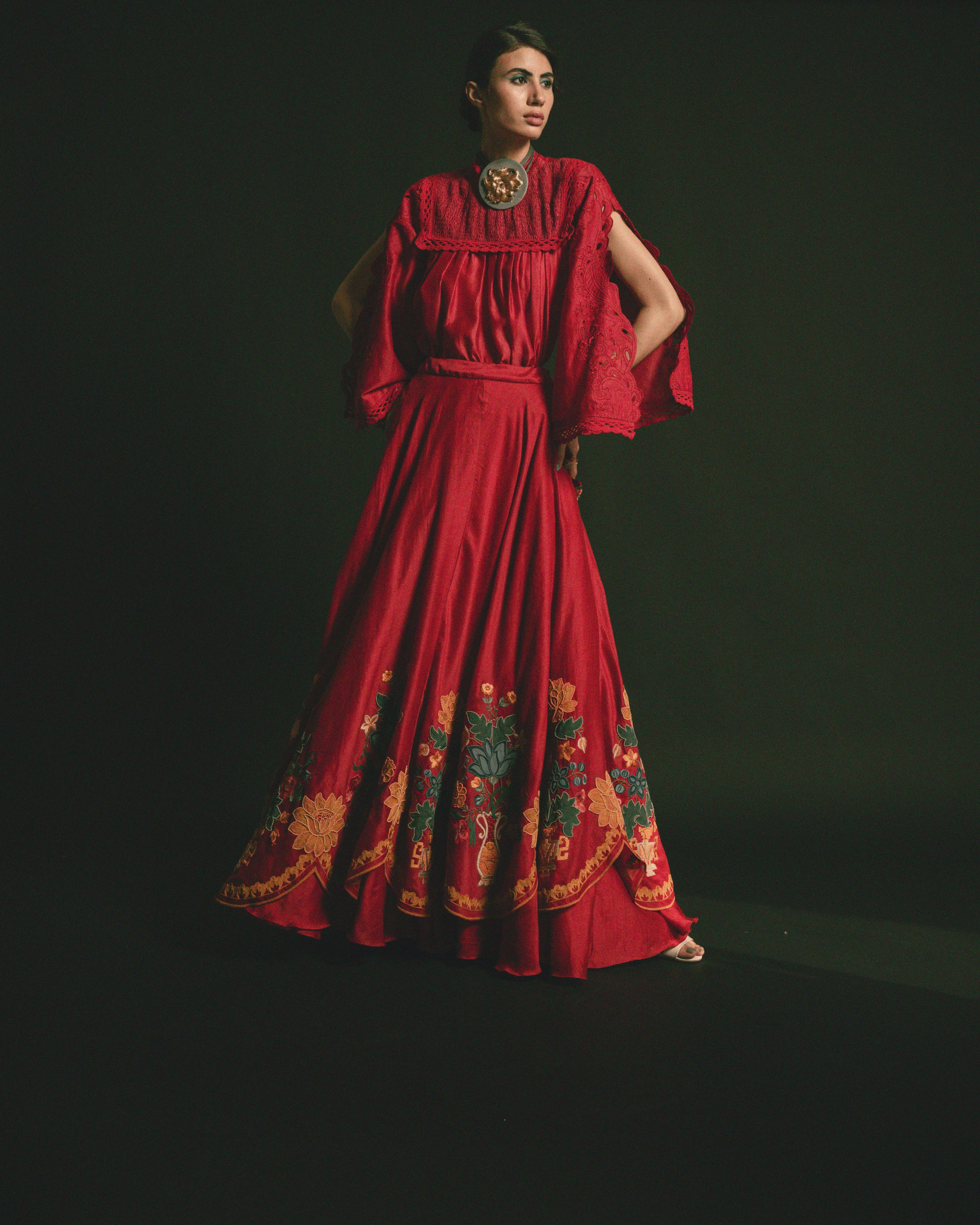 RED SCALLOP EMBROIDERED LEHENGA