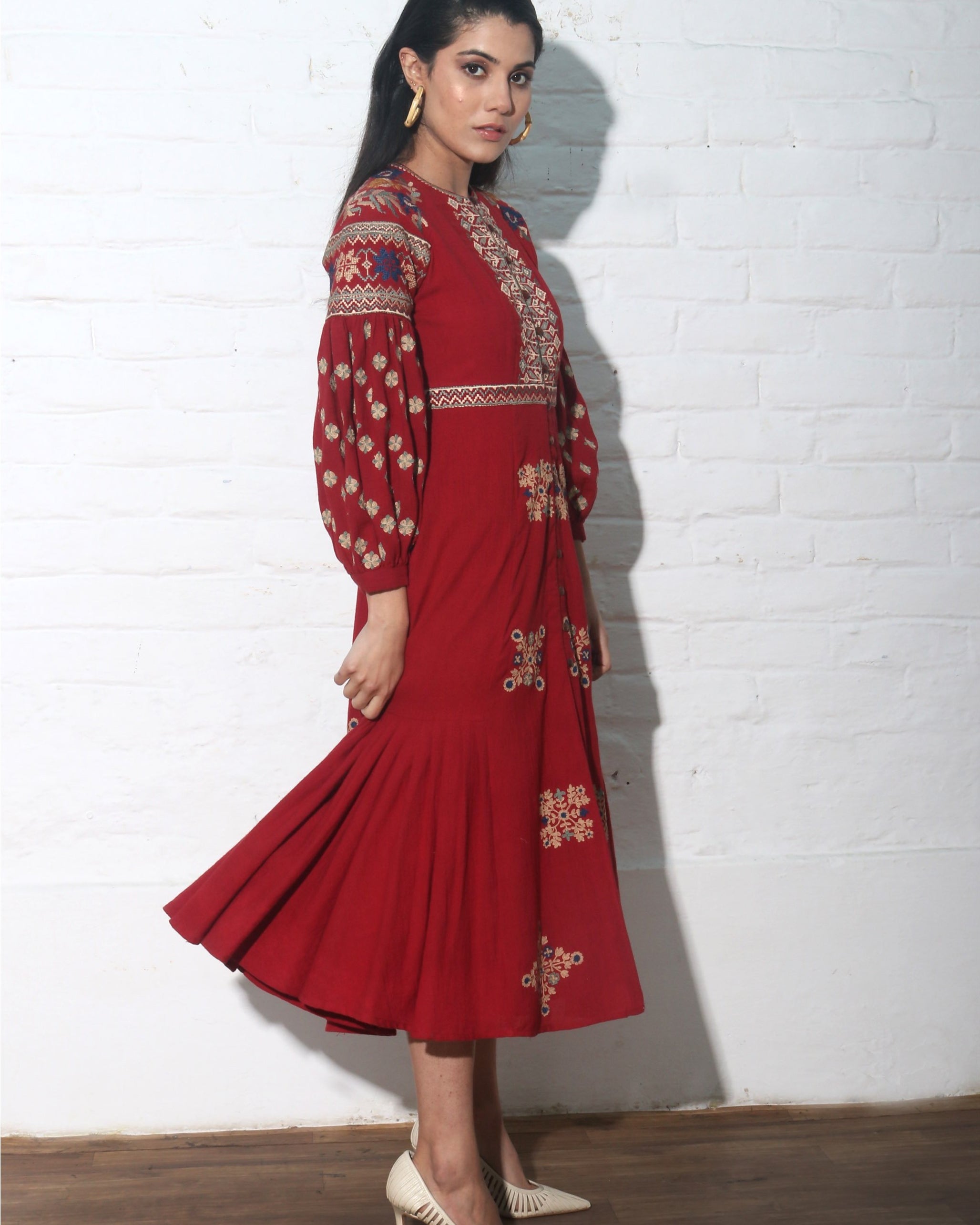 RED KALA COTTON EMBROIDERED DRESS