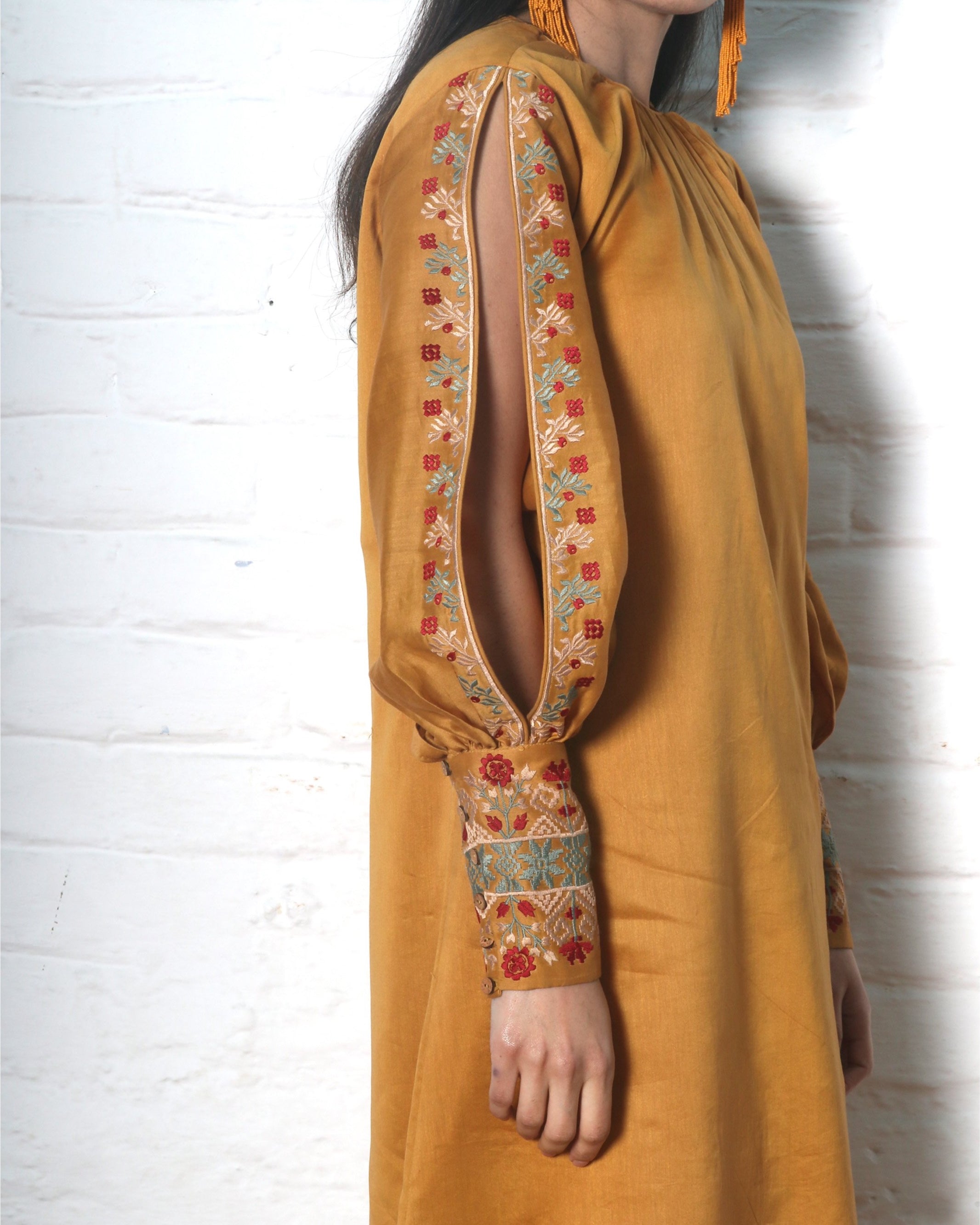 MUSTARD CHANDERI SPLIT SLEEVE DRESS-KURTA