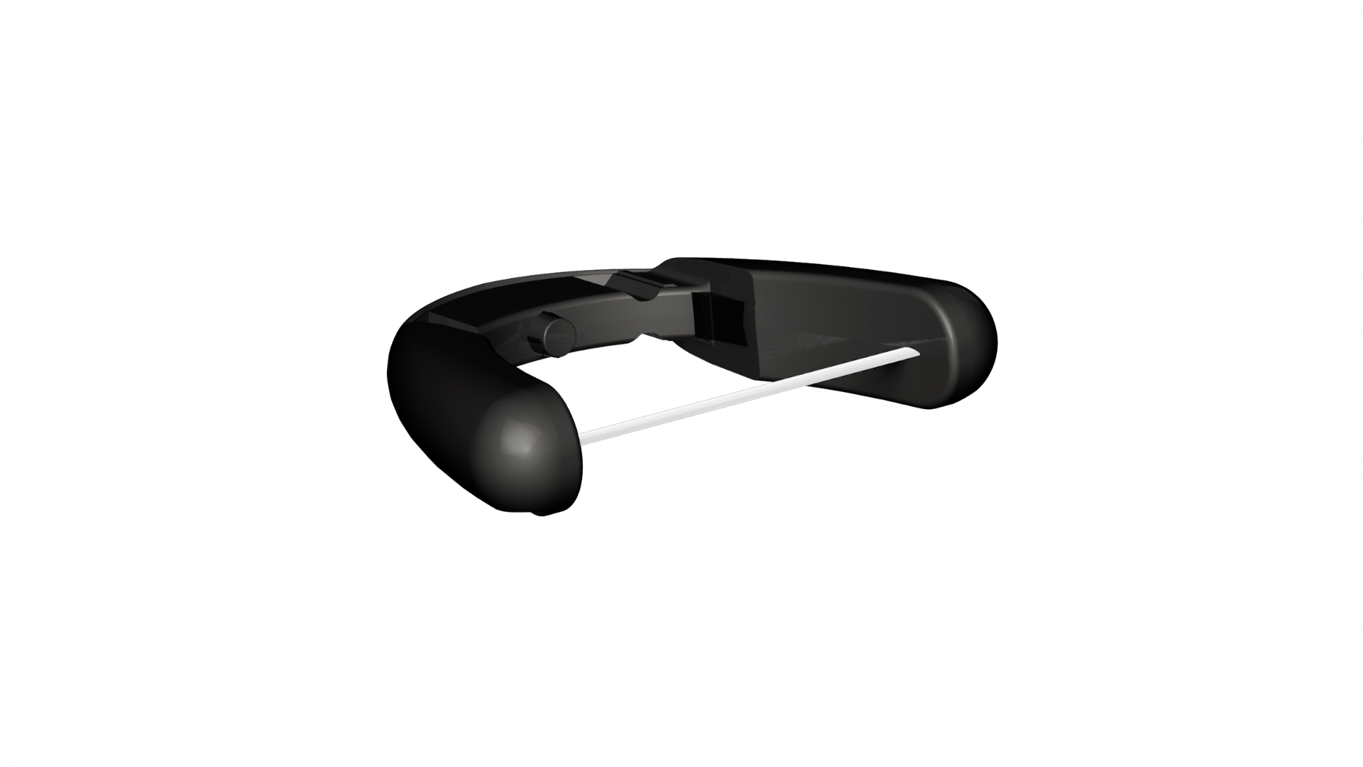 3D render of a black virtual reality headset on a dark background.