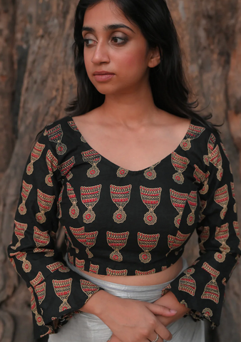 printed black cotton blouse with full sleeves