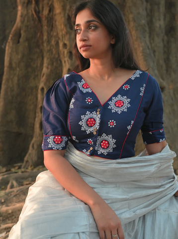 navy blue blouse with mirror work