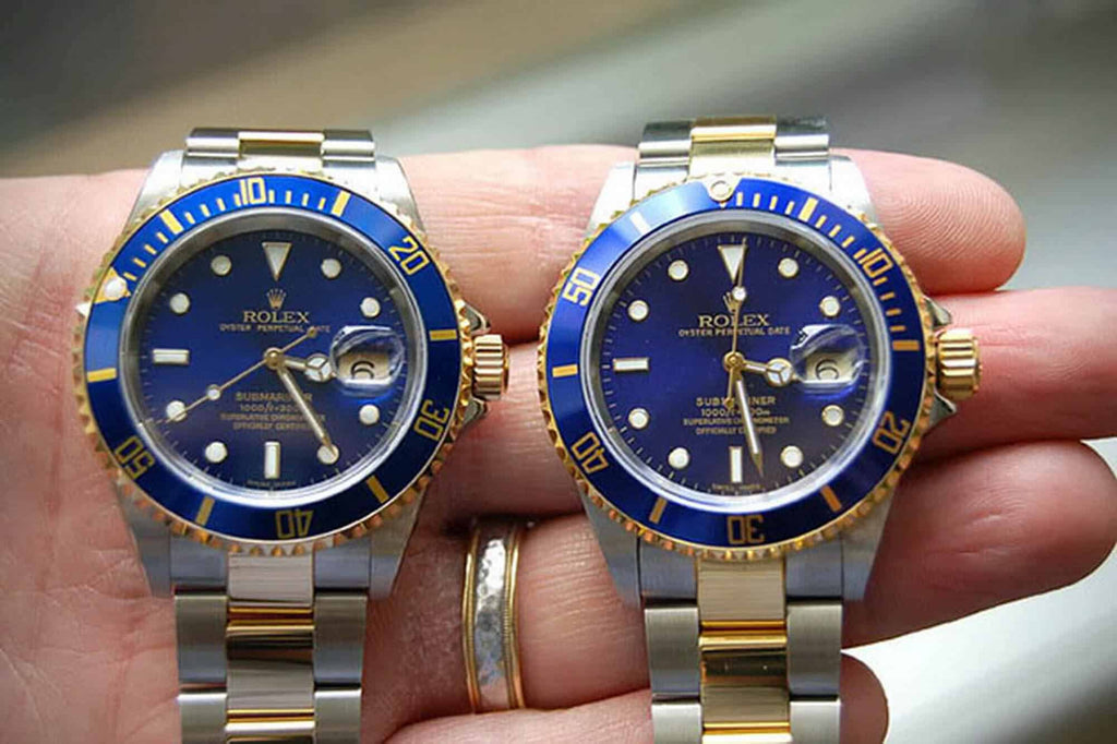 One real and one fake Rolex Submariner "Bluesey" side-by-side comparison
