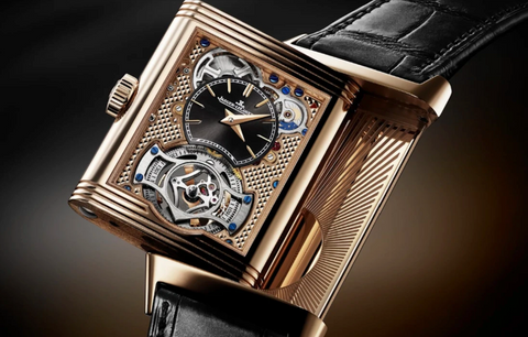 The Reverso Tribute Duoface Tourbillon in rose gold with black alligator leather strap.