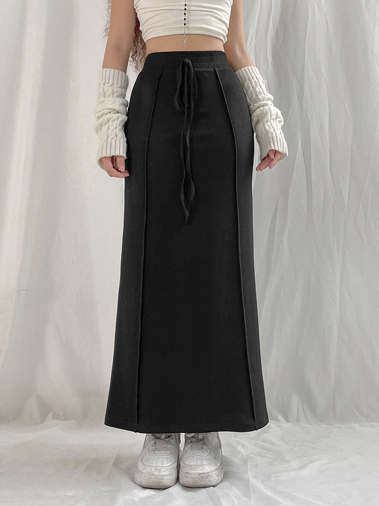 Black Drawstring High Waist Long Skirt