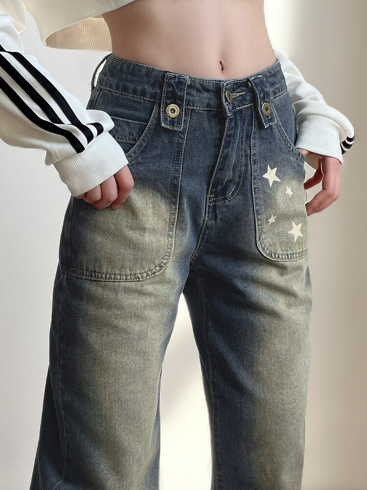 Y2K Streetwear Star Print Low Rise Flared Jeans