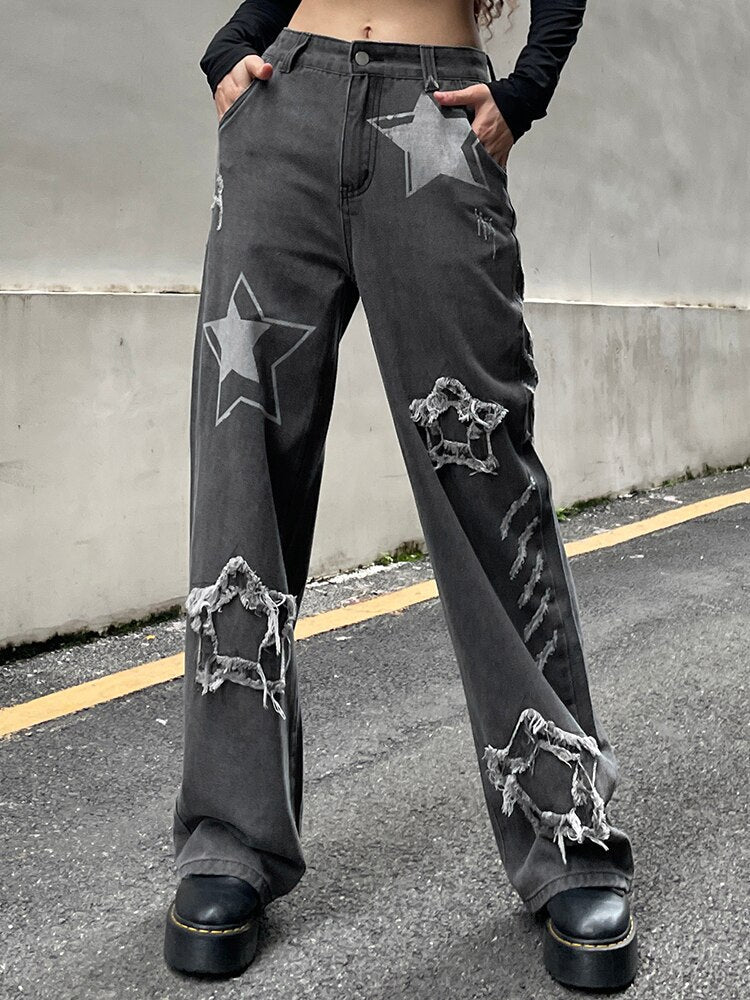 Y2K Streetwear Star Print Low Rise Flared Jeans
