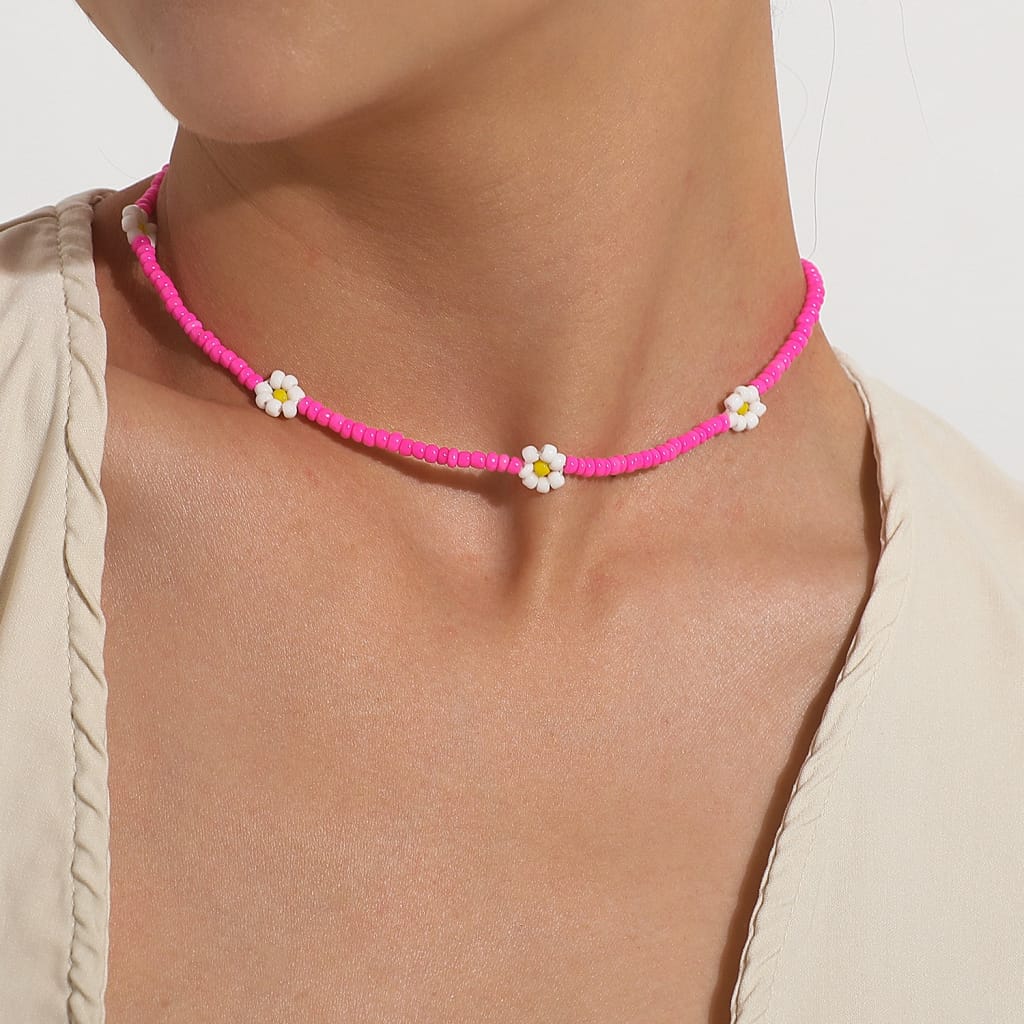 Daisy Flowers Colorful Beaded Short Choker Necklace