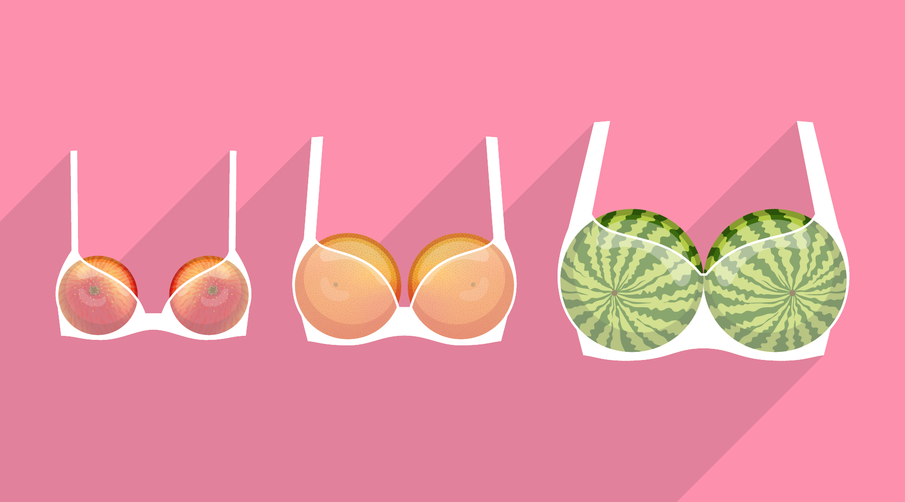 Three different bra sizes holding fruit