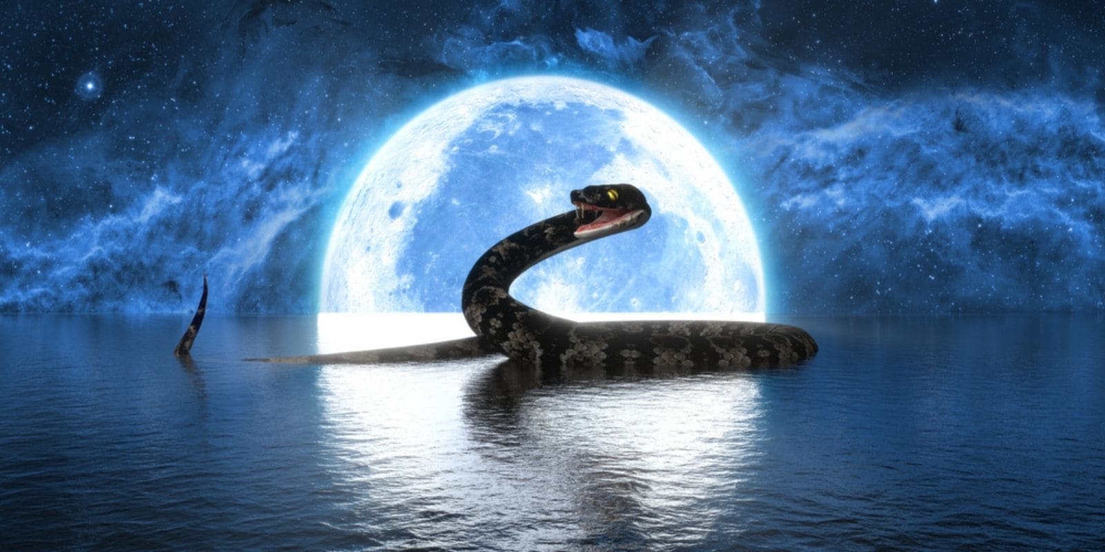 Huge snake in the ocean with the moon behind. Snake Dream