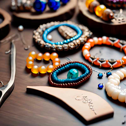 Moderner handgefertigter Perlenschmuck, der auf einem Basteltisch eine Mischung aus traditionellen und modernen Designs präsentiert