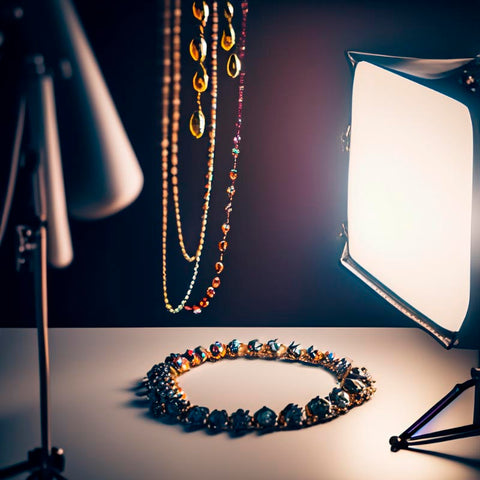 A professional setup for photographing jewelry, with a camera focused on a beautifully lit piece of jewelry