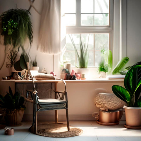 Tranquil jewelry-making corner with natural light, plants, and a comfortable crafting chair