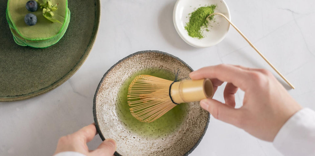 Preparing matcha pancakes