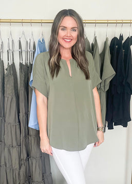 Light Olive Split Neck Short Sleeve Top