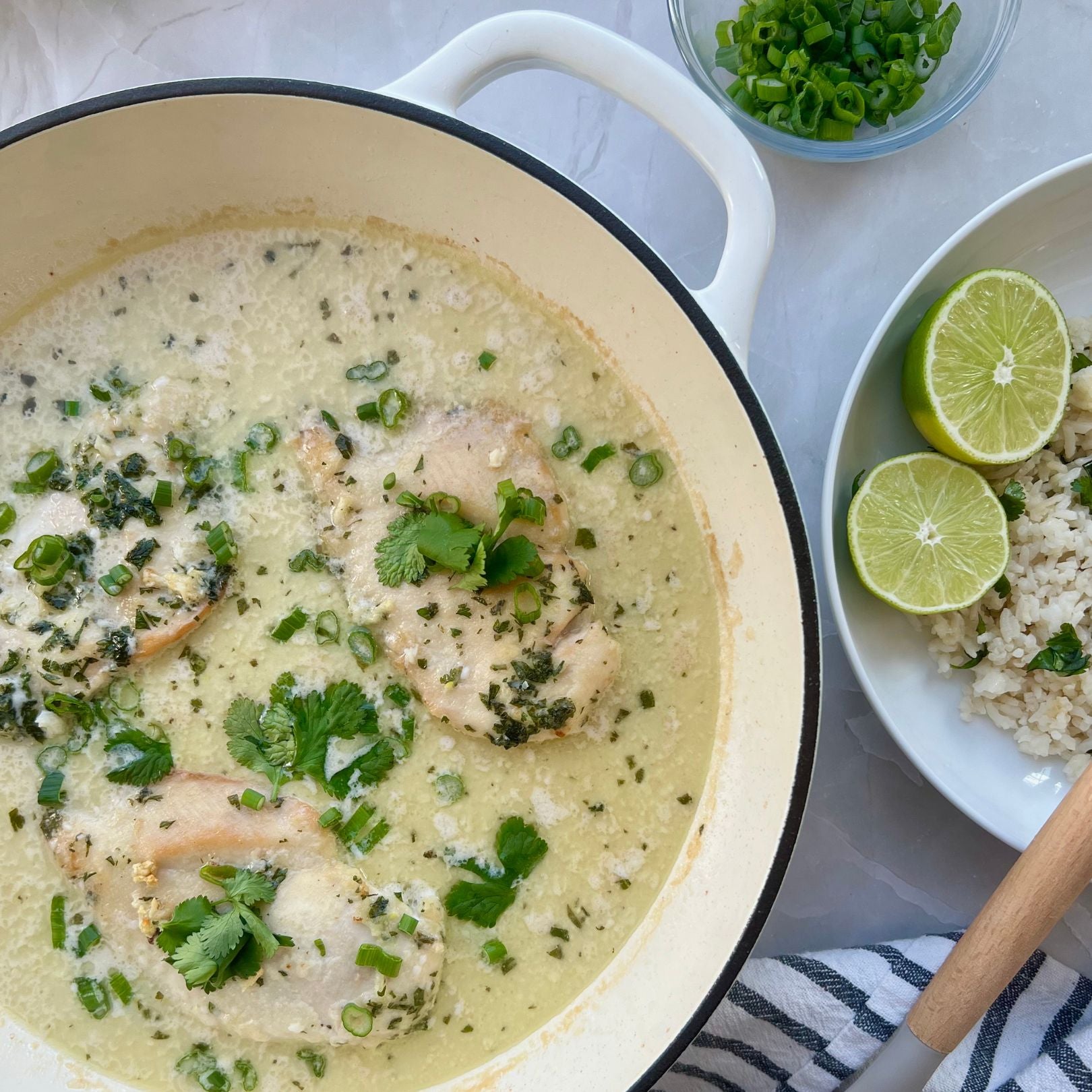 Coconut Lime Chicken in white braiser 