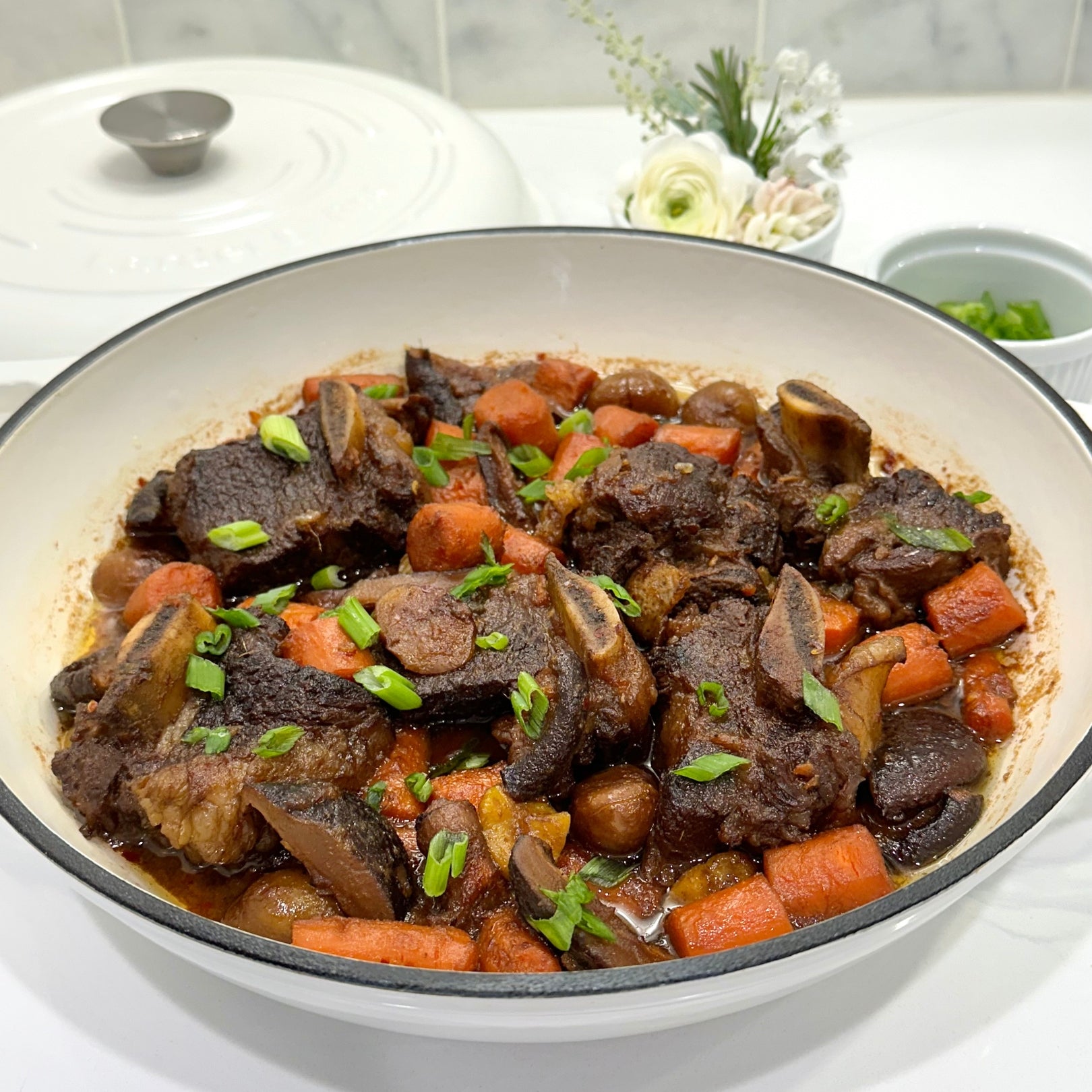 Korean Braised Short Ribs in White Enameled Cast Iron Braiser