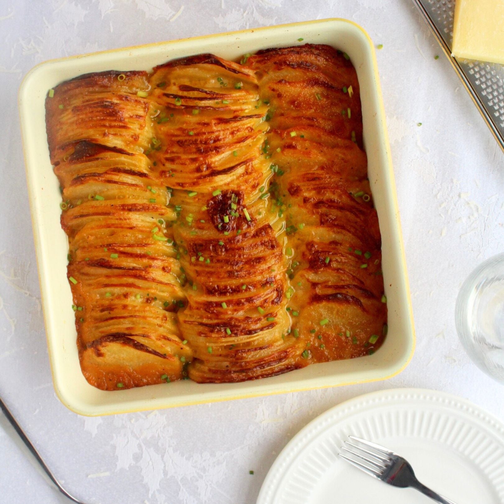 Cheesy Potatoes Au Gratin in Limoncello Square Pan