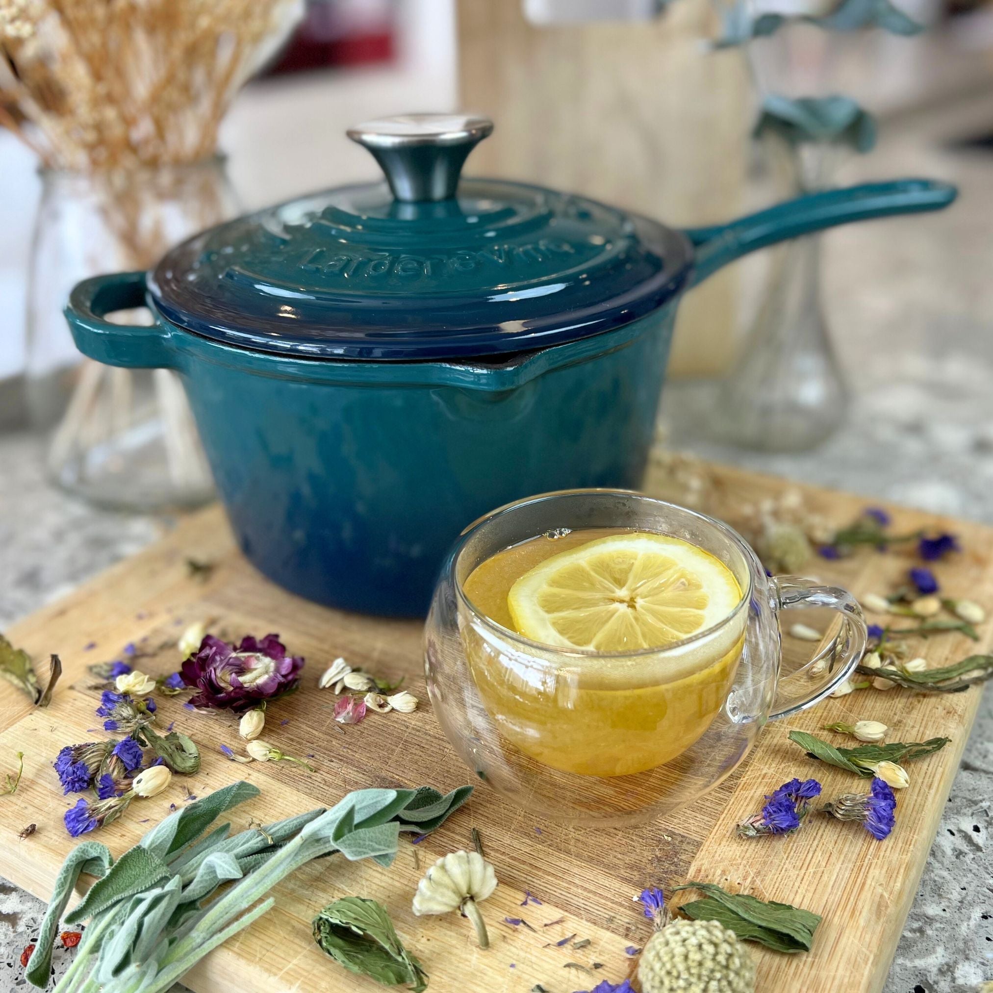 Sage Tea in front of Bondi blue Saucepan