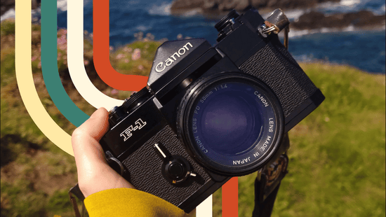 Canon F-1 35mm SLR camera in front of the Scottish ocean