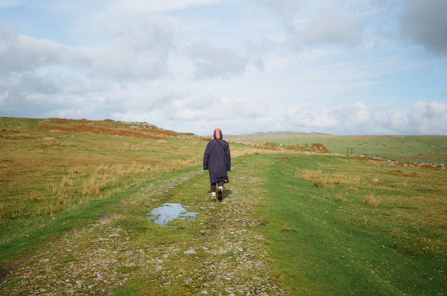 Person walking across Bodmin Moor taken on the Olympus Trip