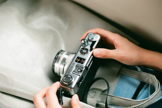 Person holding 35mm film camera