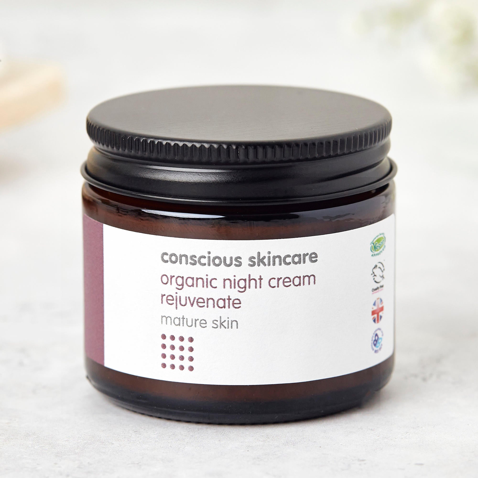 rejuvenate night cream - menopause cream in amber glass jar with black lid