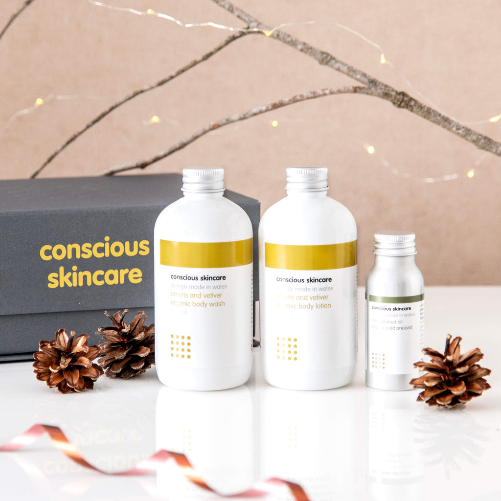Gift Sets for Women - a pamper hamper with three body products by Conscious Skincare