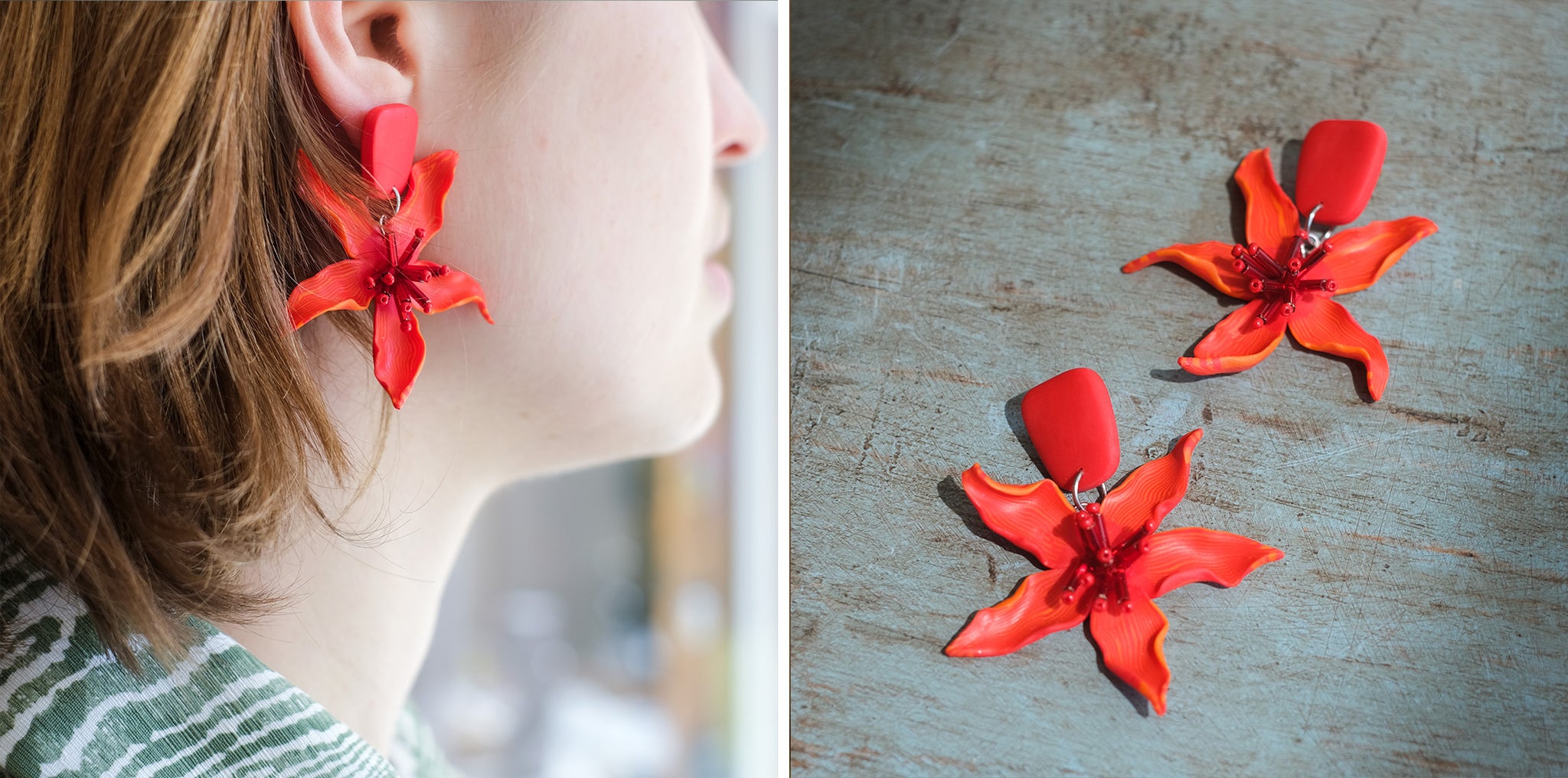 rode oorstekers met bloemen in polymeerklei en venetiaanse rocialles