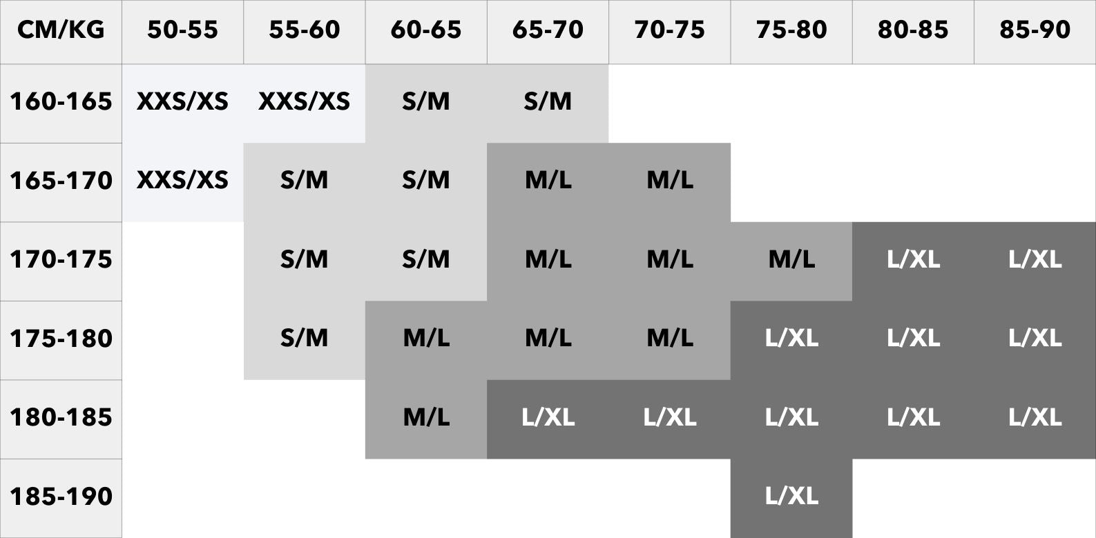 Size guide base layer