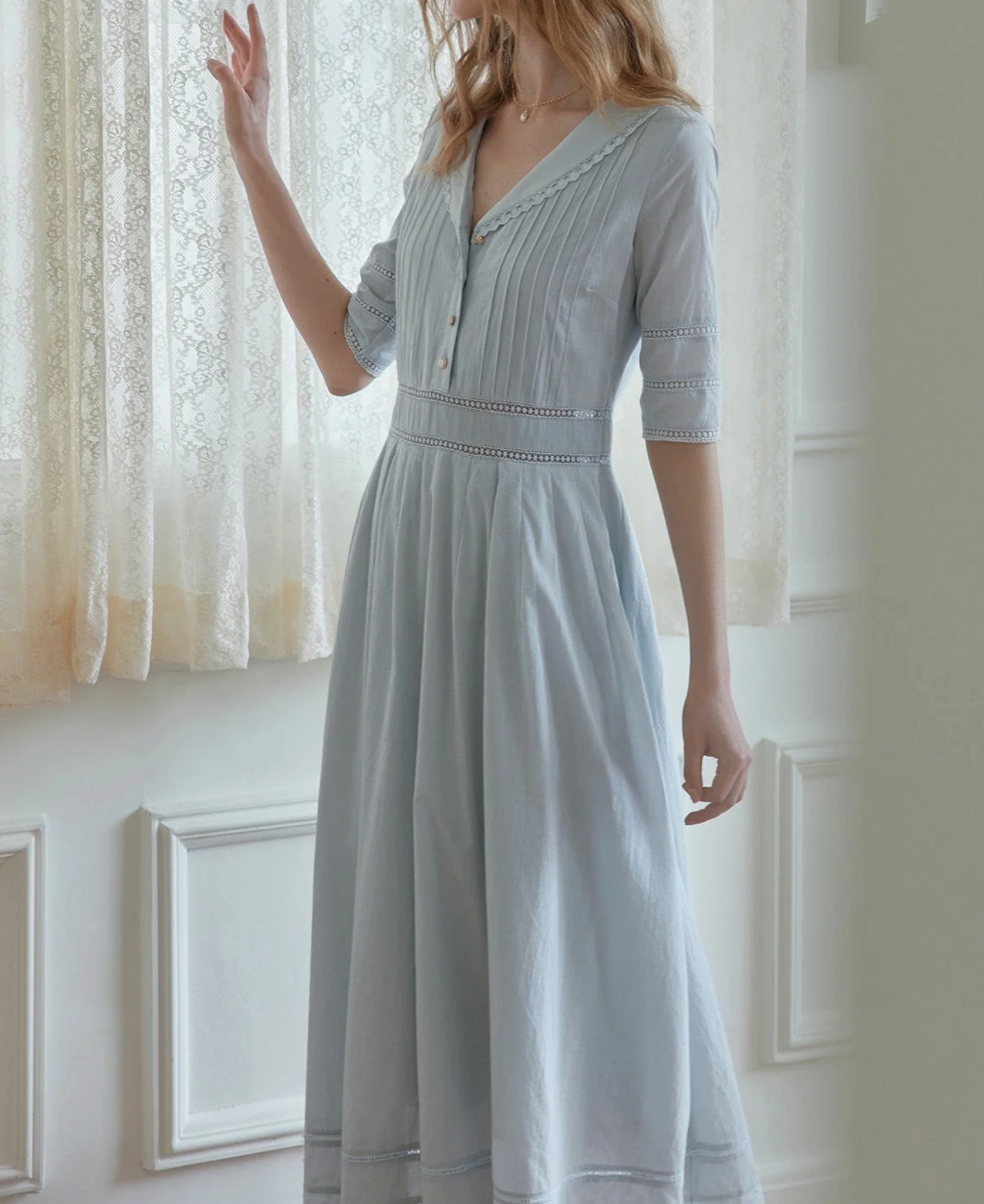 Cotton Dresses, Modesty, Ships from Canada. Pastel Blue cotton dress in sailor collar style